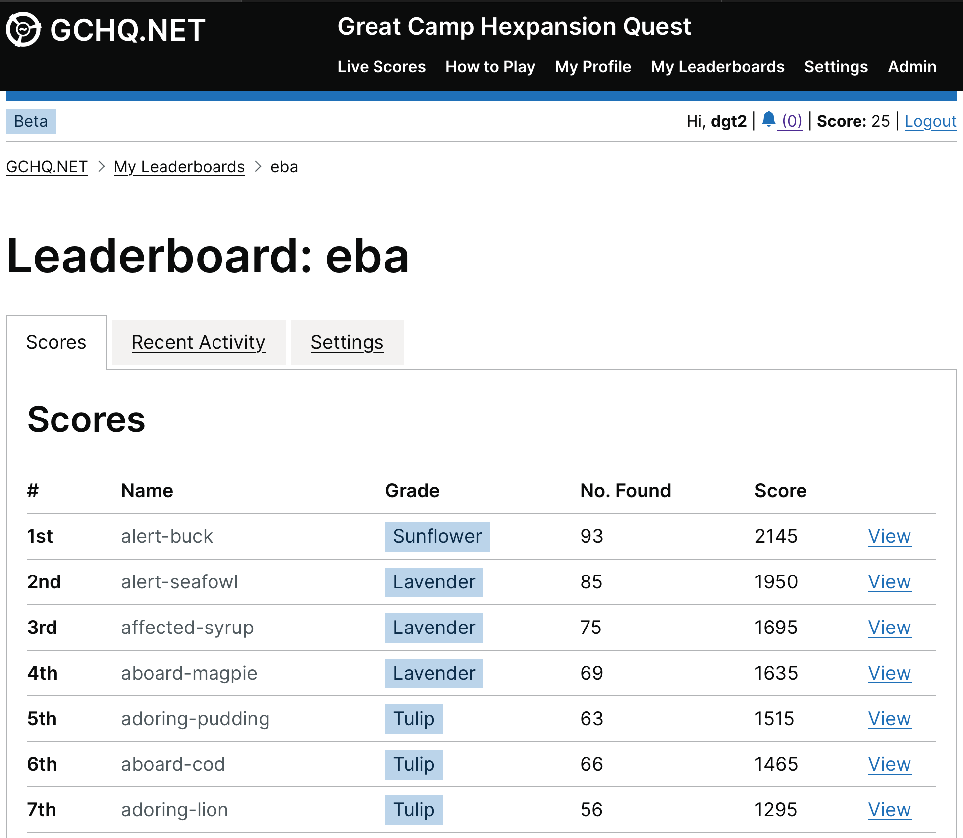 GCHQ.NET website with a private leaderboard